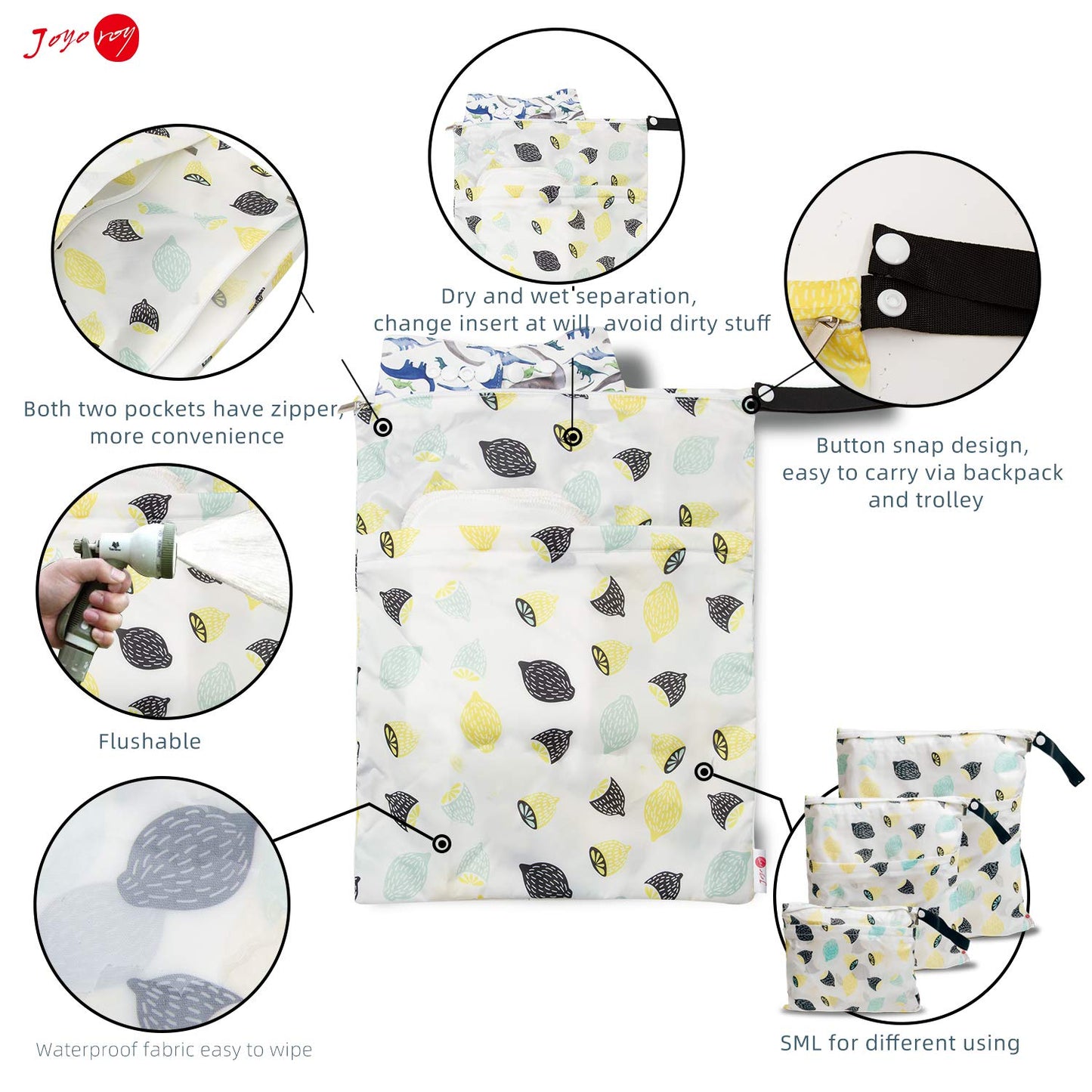 Joyo roy 3Pcs Wet Dry Bag Baby Wet Bags for Pump Parts, Cloth Diapers, Wet Suits, Swimsuits, Travel Dirty Clothes, Waterproof Pouches for Organization with 2 Zippered Pockets 3 Size(S,M,L)