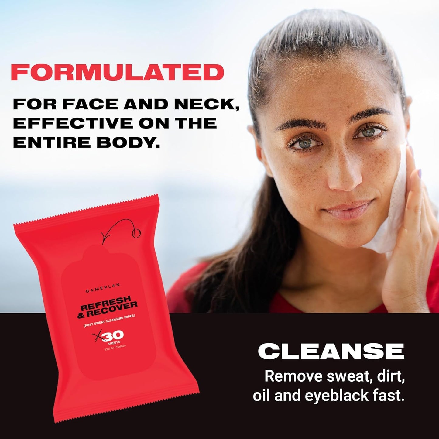 GamePlan Post-Sweat/Workout Sport Face & Body Wipes, Removes Sweat, Dirt, Oil, and Eyeblack, Durable, Biodegradable, Non-Sticky, Cleans and Moisturizes Your Skin - 2 Pack