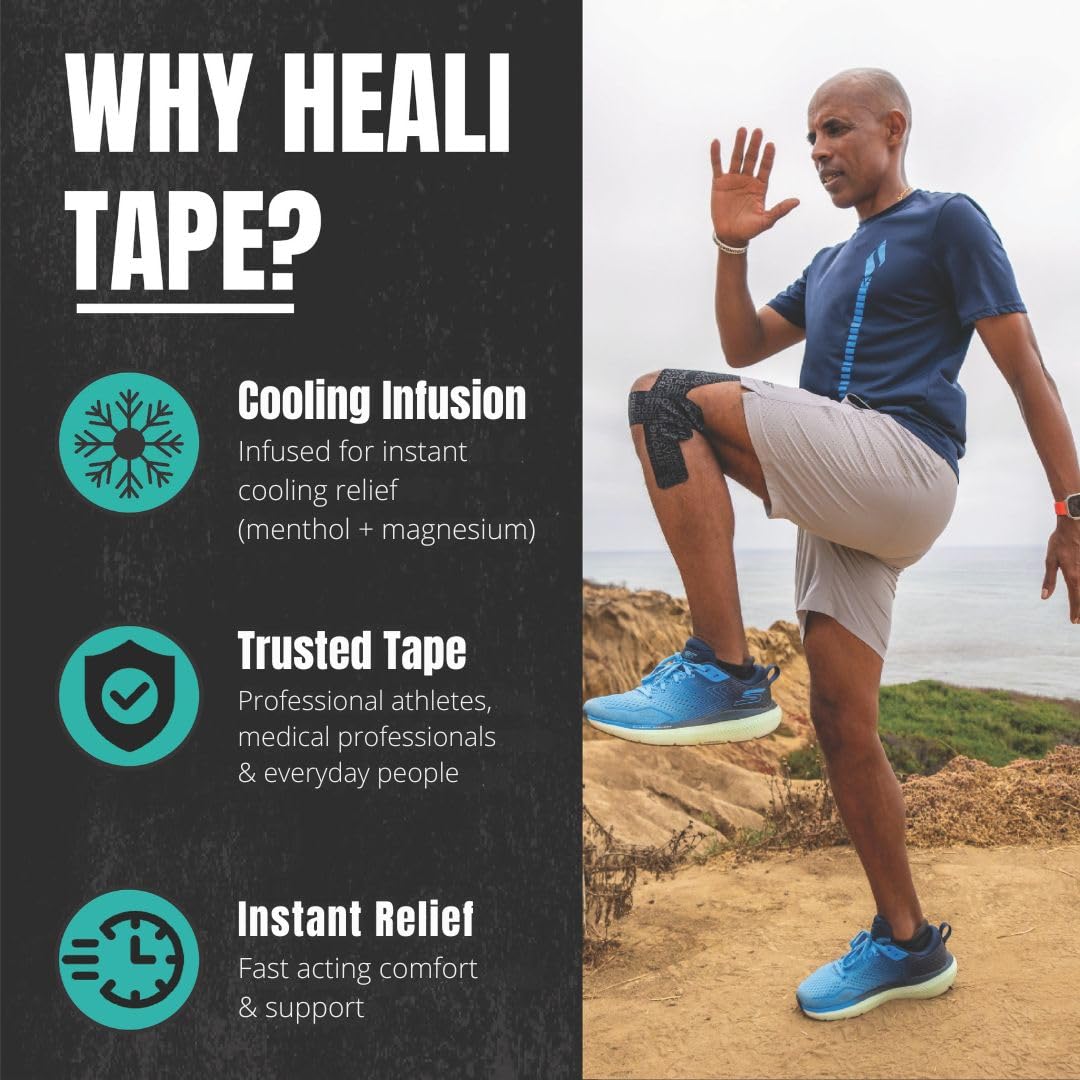 Heali Kinesiology Tape with Magnesium and Menthol, 20 Pcs Precut Strips, K Tape Roll, Knees, Physical Therapy Sports Tape for Muscle and Joint Relief, Water Resistant, Black Inspiration