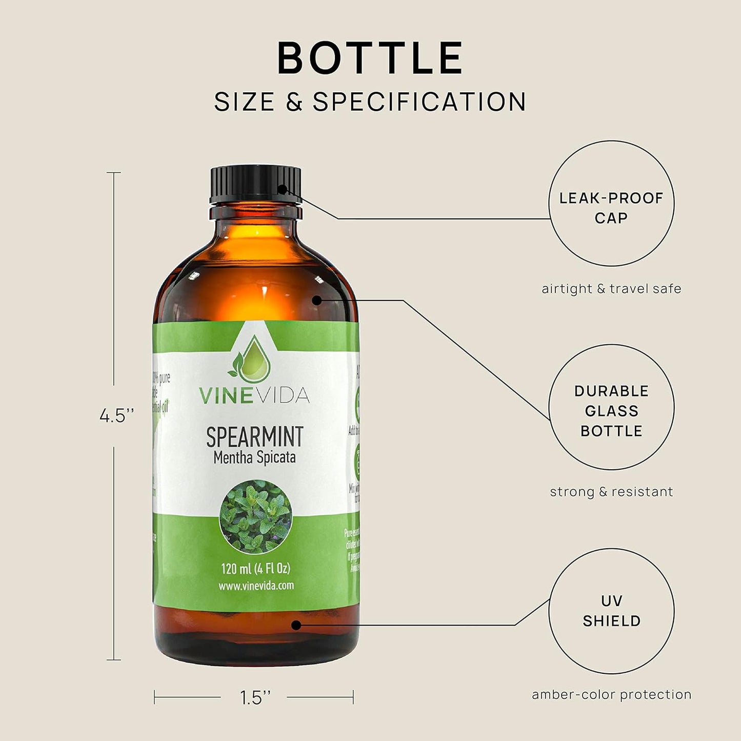 VINEVIDA Spearmint Essential Oil 4 oz - Undiluted Spearmint Oil - DIY Candle Scents for Candlemaking - Bulk Essential Oil for Soap Making Safe for Skin