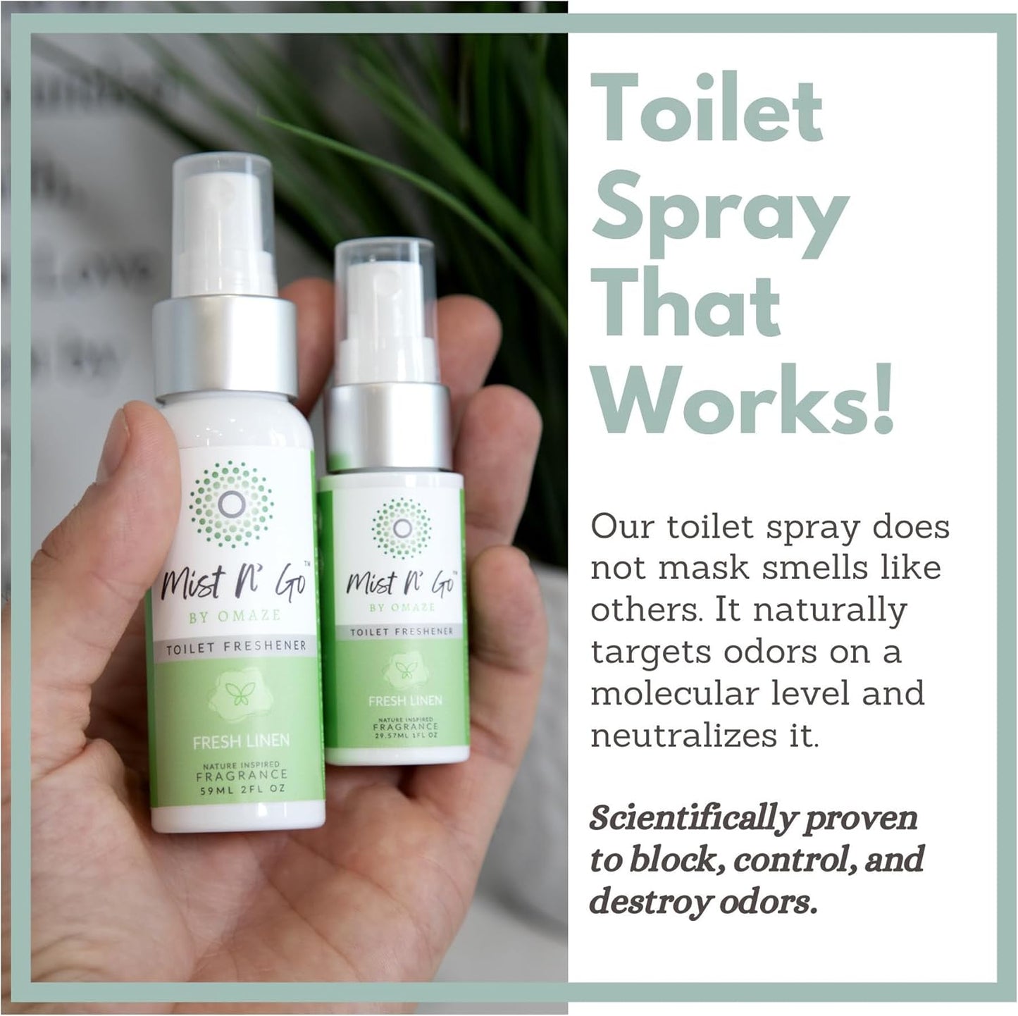 Mist N’ Go by Omaze Travel Bathroom Spray for Toilet Spray Odor Eliminator - Travel Toilet Spray for Bathroom Air Freshener Spray for Bathroom Deodorizer - Fresh Linen Regular Size (2oz x3)