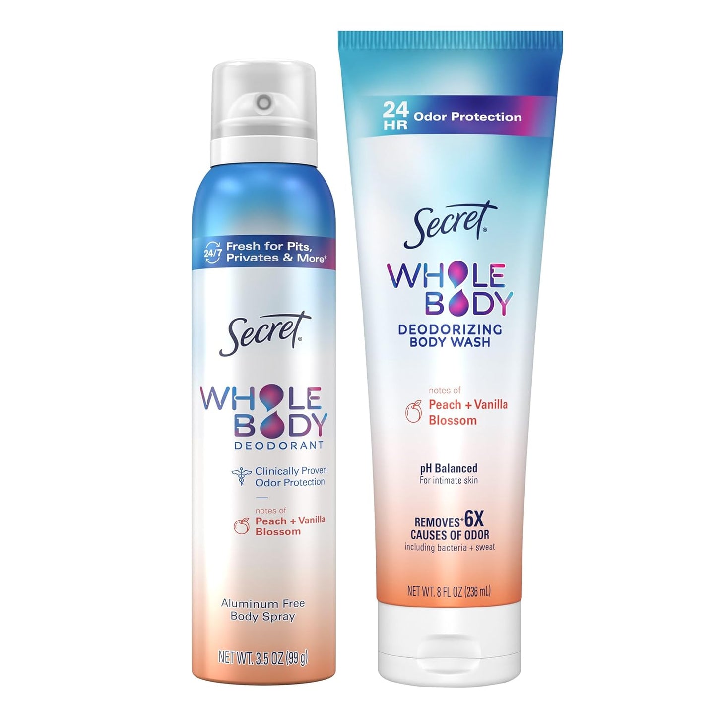 Secret Whole Body Feminine Wash + Deodorant Spray Bundle for Women, Peach + Vanilla Blossom Scent, Aluminum Free, Odor Protection, 8.0 oz & 3.5 oz (Pack of 2)