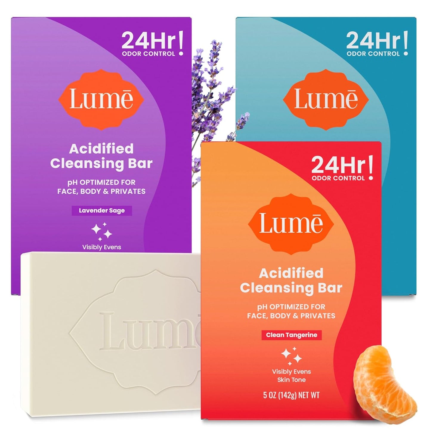 Lume Acidified Body Cleansing Bar - 24 Hour Odor Control - Removes Odor Better Than Soap - Moisturizing - No SLS or Parabens - OB/GYN Developed - 8.5 Ounce, 3 Pack (Tangerine, Lavender, & Unscented)