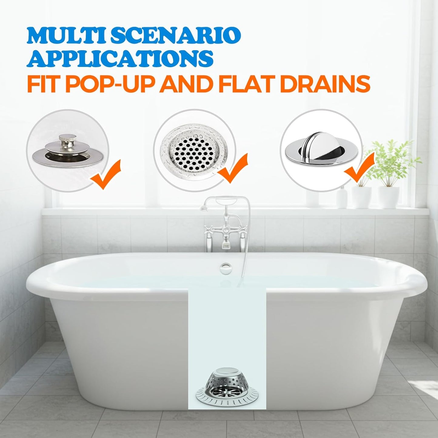 zaa Drain Hair Catcher - Bathtub Drain Cover, Hair Stopper for Bathtub Drain, 304 Stainless Steel Drain Protector and Hair Trap for Flat & Pop-up Drains, Silver White