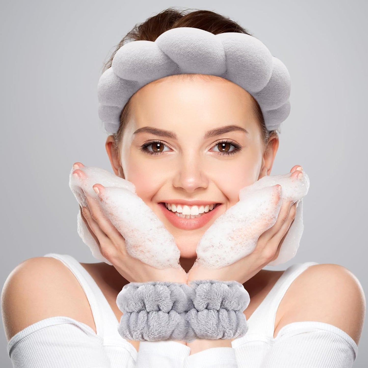 Zkptops Spa Headband for Washing Face Wristband Set Sponge Makeup Skincare Headband Terry Cloth Bubble Soft Get Ready Hairbands for Women Girl Puffy Padded Headwear Non Slip Thick Hair Accessory(Grey)