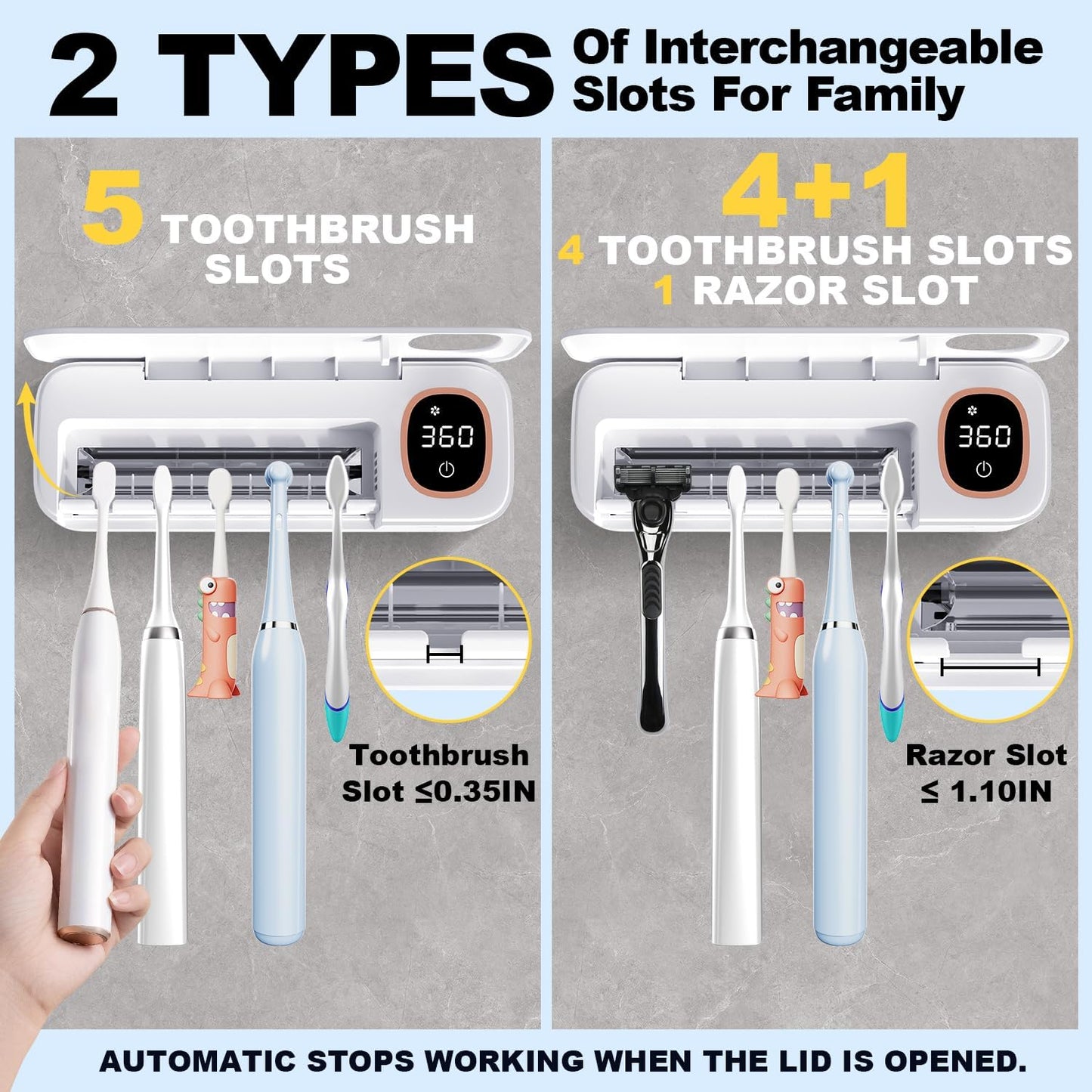 Toothbrush Sanitizer and Holder, DRMXBU Toothbrush Holders for Bathrooms with Light Clean Air Dry, Rechargeable Toothbrush Holders Wall Mounted with 5 Slots, Timer Function Tooth Brush Cleaner Case