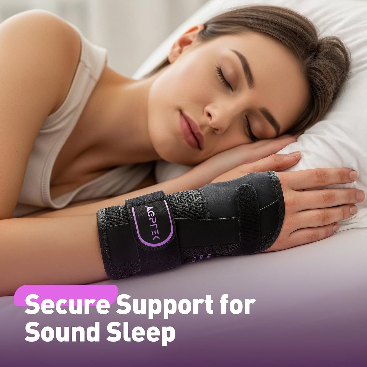 AGPTEK Carpal Tunnel Wrist Brace for Men Women, Night Sleeping Wrist Support with 2 Splints, Pain Relief Hand Brace for Arthritis Sprains Tendonitis, Adjustable Wrist Splint for Left Hand (S/M,Black & Purple)