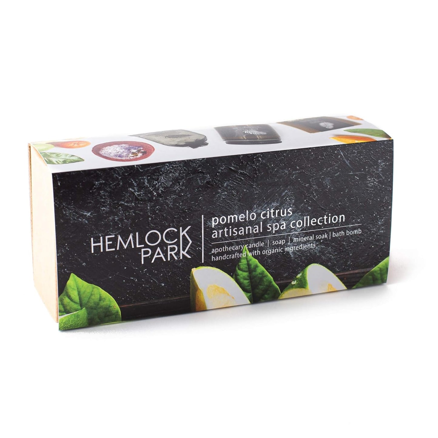 Hemlock Park Pomelo Citrus Artisanal Spa Gift Box | Apothecary Candle, Shea Butter Soap, Bath Bomb, Mineral Salt Bath Soak | Handcrafted with Plant Based Ingredients