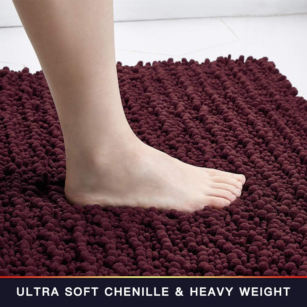 Walensee Bathroom Rug Non Slip Bath Mat (32x20 Inch Burgundy) Water Absorbent Super Soft Shaggy Chenille Machine Washable Dry Extra Thick Perfect Absorbant Best Large Plush Carpet for Shower Floor