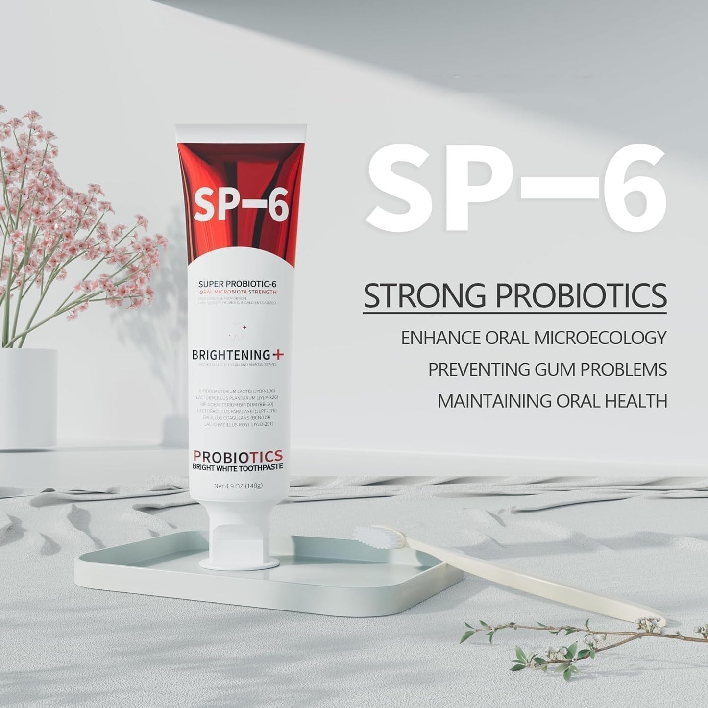 SP-6 Probiotic Whitening Toothpaste - Enhanced Formula with 6 Probiotics for Teeth Whitening, Fresh Breath & Gum Health - Enamel Protection, Fluoride-Free, Fresh Mint Flavor, 4.9 oz (2)