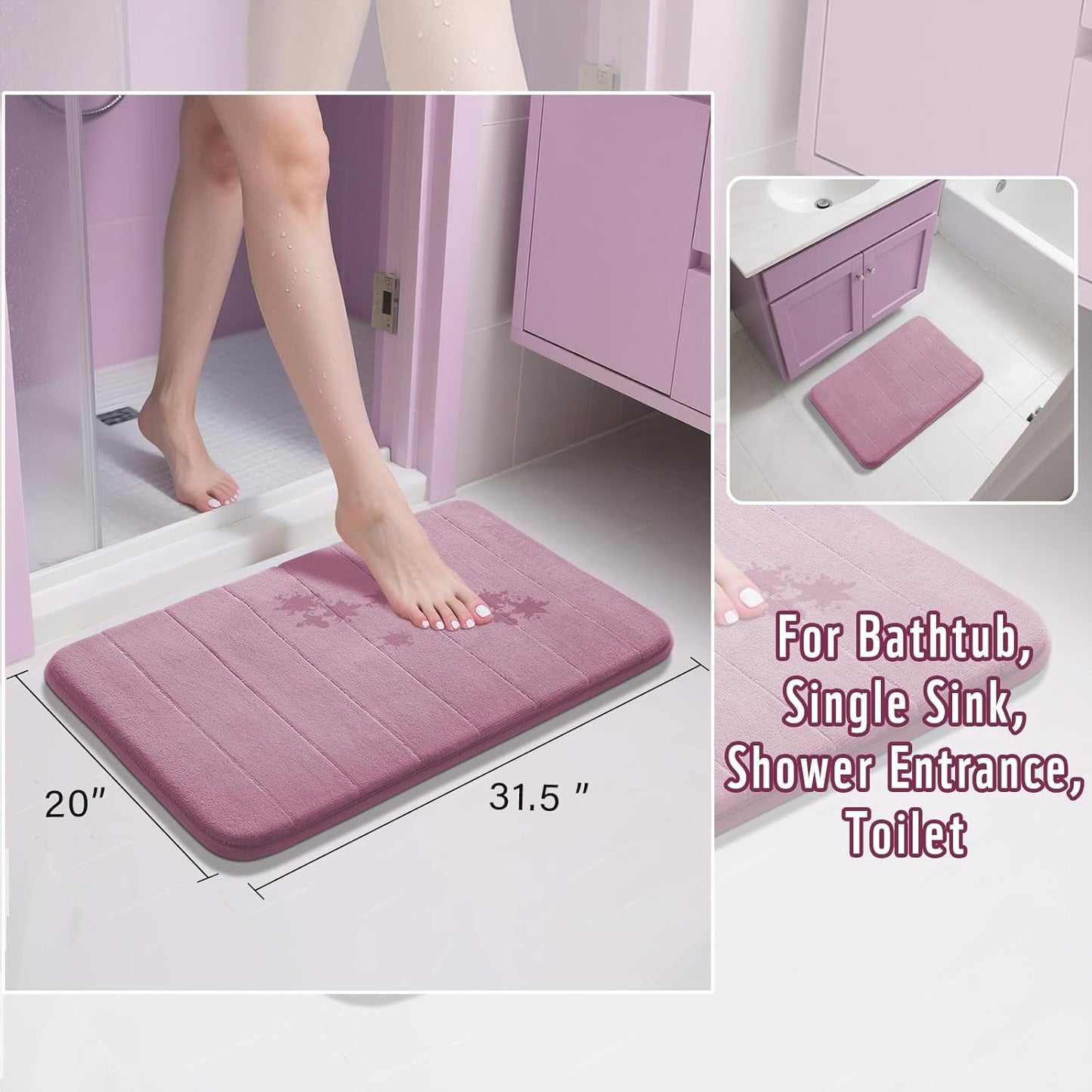 Yimobra Memory Foam Bath Mat, Super Soft Absorbent Bathroom Rug Non Slip 31.5x20 Inch, Quick Dry, Machine Washable Floor Carpet for Tub Shower, Home Decor Accessories, Mauve