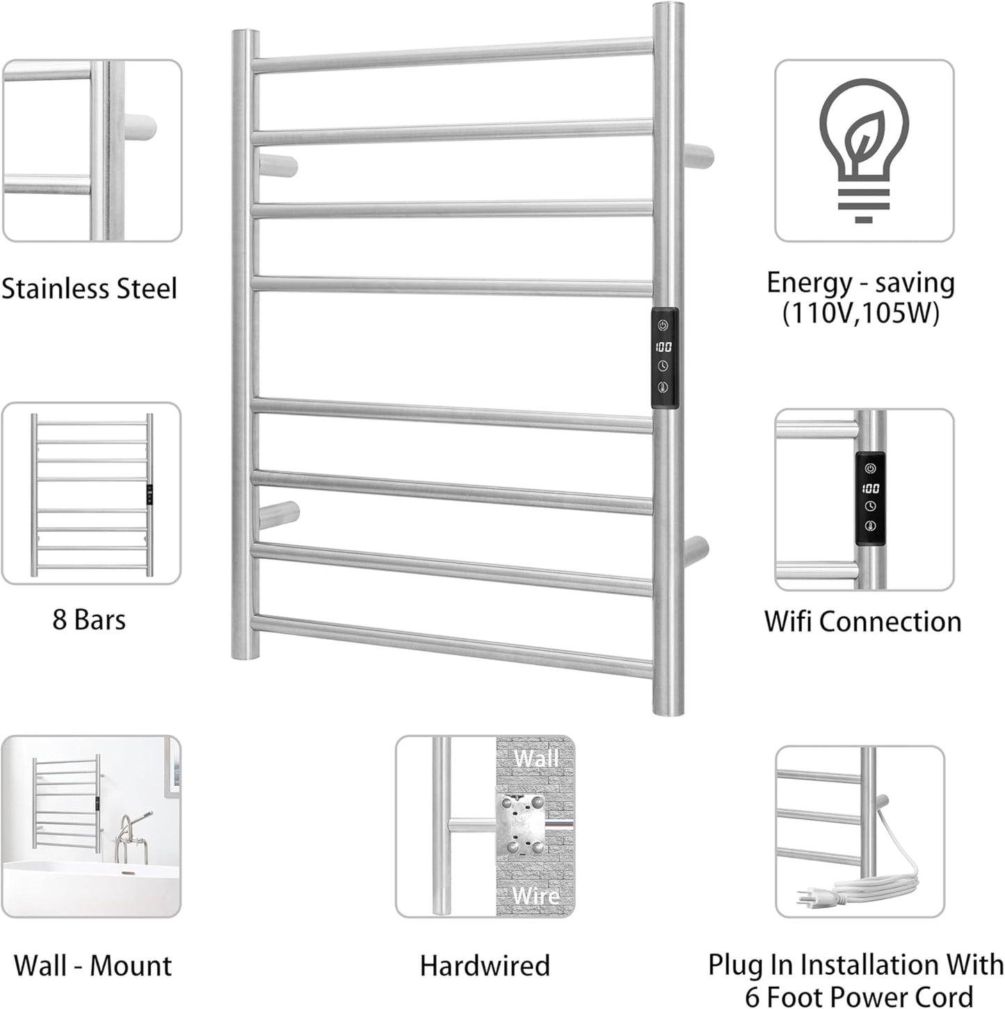 KEG Smart WiFi Towel Warmer Wall Mounted with Built-in Timer and Temperature Adjust Control, 8 Bars Electric Stainless Steel Heated Towel Racks for Bathroom Brushed Nickel