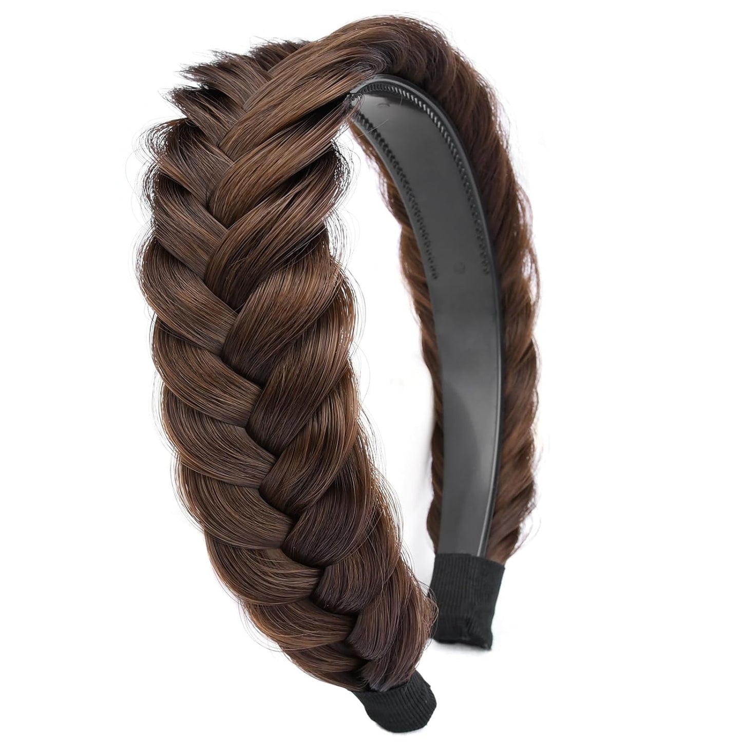 DIGUAN Wide Messy Braided Headband With Teeth Synthetic Hair Plaited Headband High Elasticity Braids Chunky Fishtail Braided Hair Band Hairpiece for Girls Women (Chestnut)