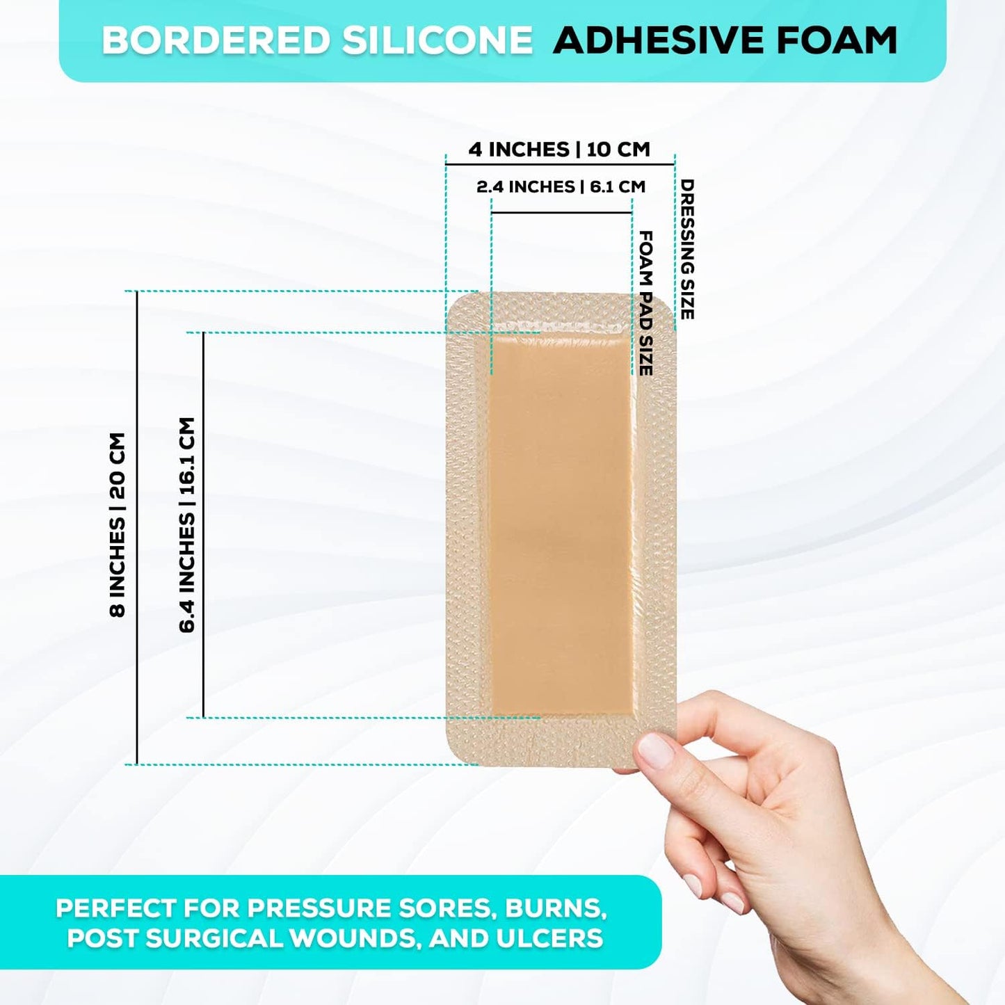 MedVanceTM Silicone - Bordered Silicone Adhesive Foam Dressing Size 4”X8” (2.4"x 6.4" Pad) 10 Pack