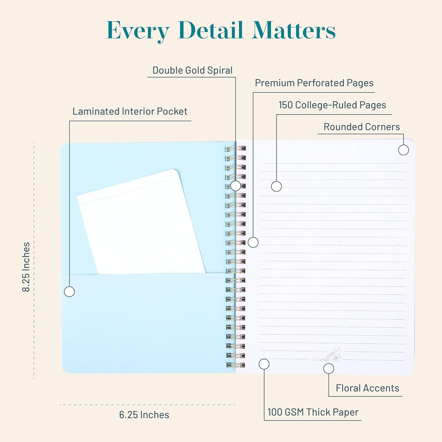Happy Hoos® Aesthetic Spiral Notebook - 6.25" x 8.25" College Ruled Journal Notebook - Hard Cover Writing Journal for Work, School, Travel, More - Floral Notebook 8 Seasonal Designs (Frost & Flora)