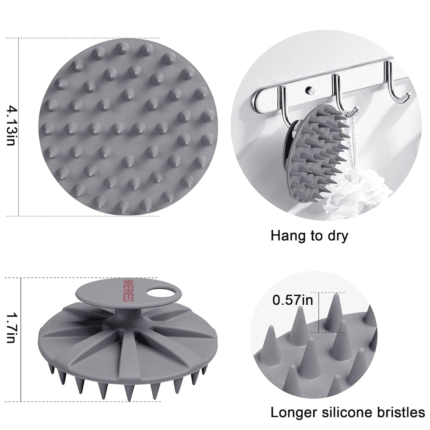 INNERNEED One-Piece Scalp Massager Shampoo Brush, Wet & Dry Scalp Care Head Scrubber Hair Washing, Soft Silicone Bristles, for Hair Growth, Dandruff Removal, Comfortable for All Hair Types (Gray)