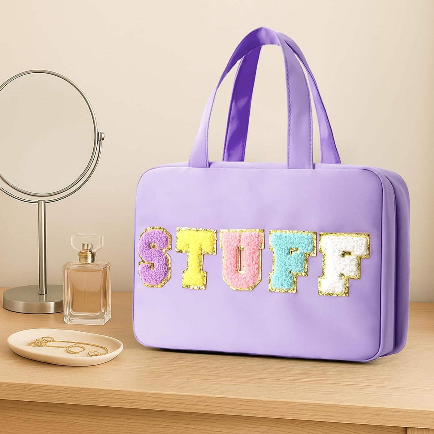 Toiletry Bag for Women Chenille Letter Makeup Bag Water-resistant Cosmetic Bag Travel Bag with Hanging Hook Preppy for Store Toiletries Cosmetic Accessories Large Capacity Purple