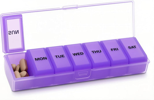 Silicone Weekly Pill Organizer 7 Day, Arthritis-Friendly Medicine Box Daily Pill Box, Large Medicine Case with Shell, Compact Travel Pill Container for Pill, Vitamin, & Fish Oil (Purple)