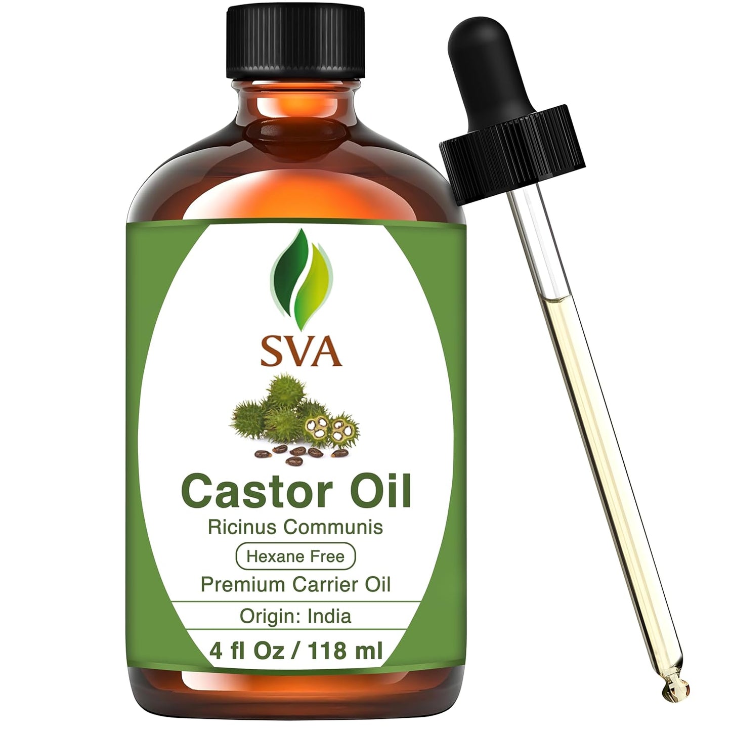 SVA Castor Seed Oil - 4 Fl Oz – 100% Natural Cold Pressed Castor Oil - for Face, Skin Care, Hair Care, Scalp Massage & Body Massage – Carrier Oil with Dropper