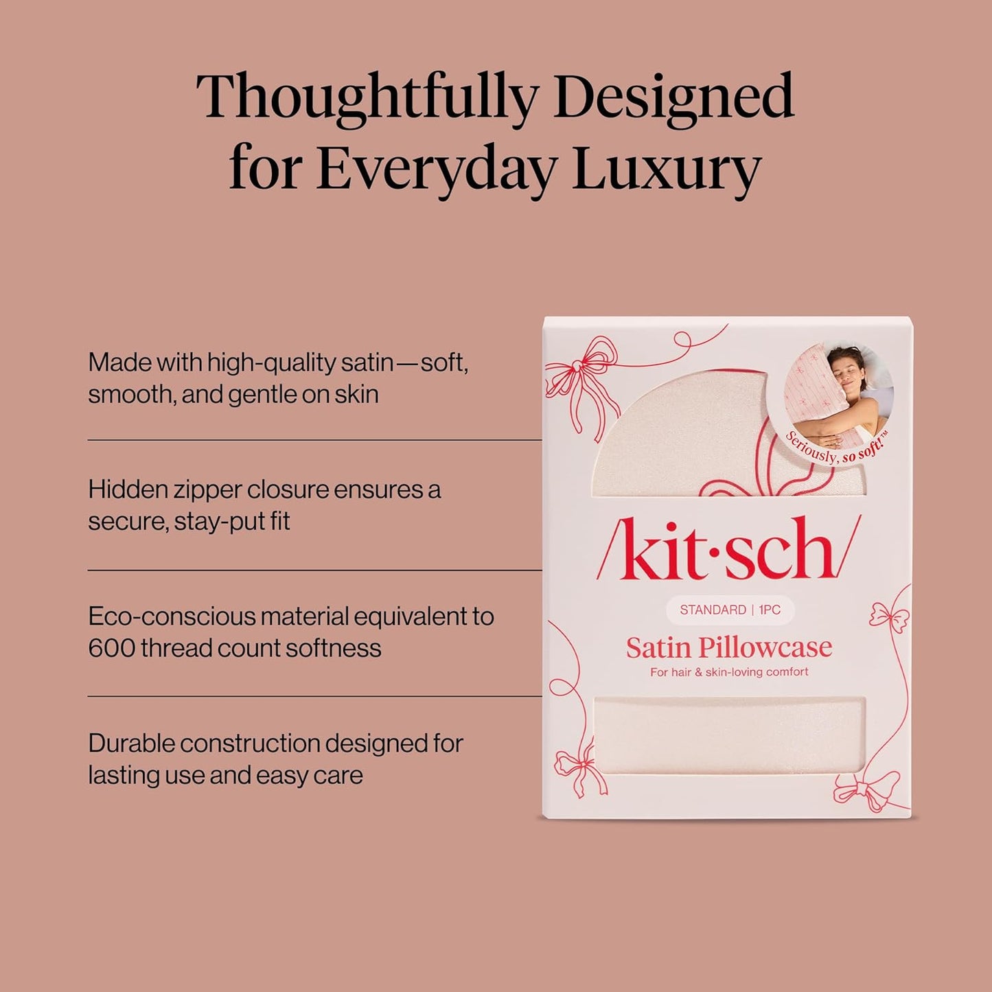 Kitsch Satin Pillowcase, Softer Than Silk Pillow Cases Queen, Cooling Pillow Covers, Satin Pillowcase w/Zipper for Hair, Skin & Quality Sleep, Wrinkle-Free & Smooth, Queen Size 19"x26" Striped Bows