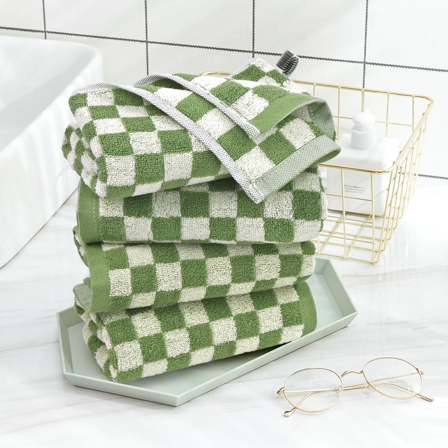 Green Hand Towels for Bathroom Set of 4 - Cute Checkered Bathroom Towels for Kitchen Decor, Lightweight for Bath Face Body
