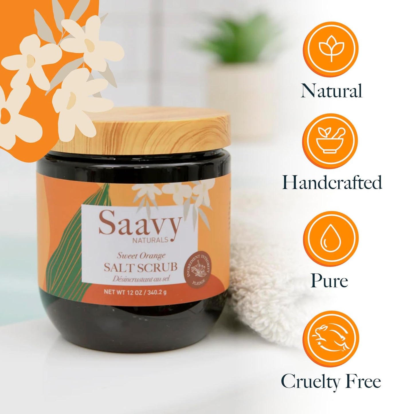 Saavy Naturals Sweet Orange Salt Scrub, An invigorating blend of Dead Sea Salts, nourishing organic oils, Vegan Natural Body Scrub with Vitamin E, Gift Set, 12 Oz 2 Pack -Made in the USA