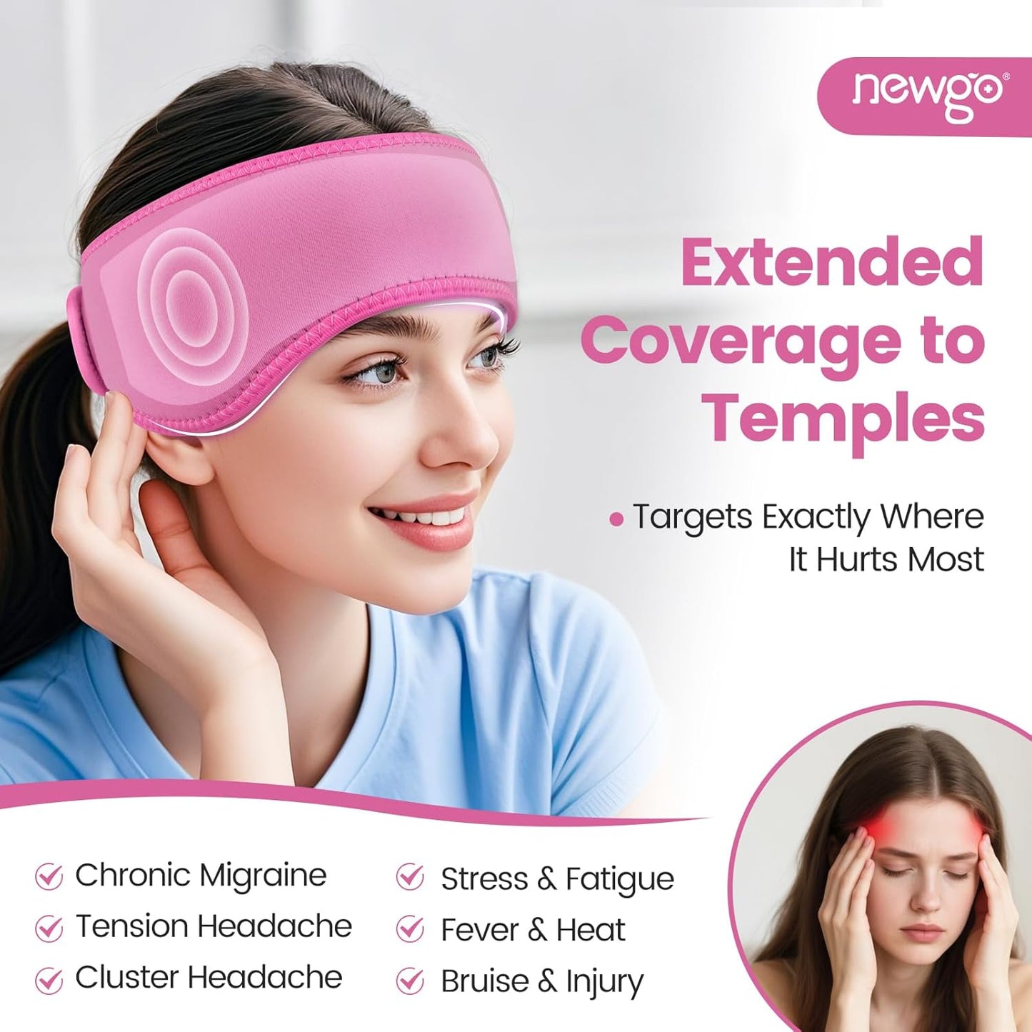 NEWGO Headache Ice Pack Head Wrap for Migraines, Cold Pack Head Ice Therapy Wrap for Headache Relief, Tension, Sinus Pain, Chemo, Head Injuries - Rosered
