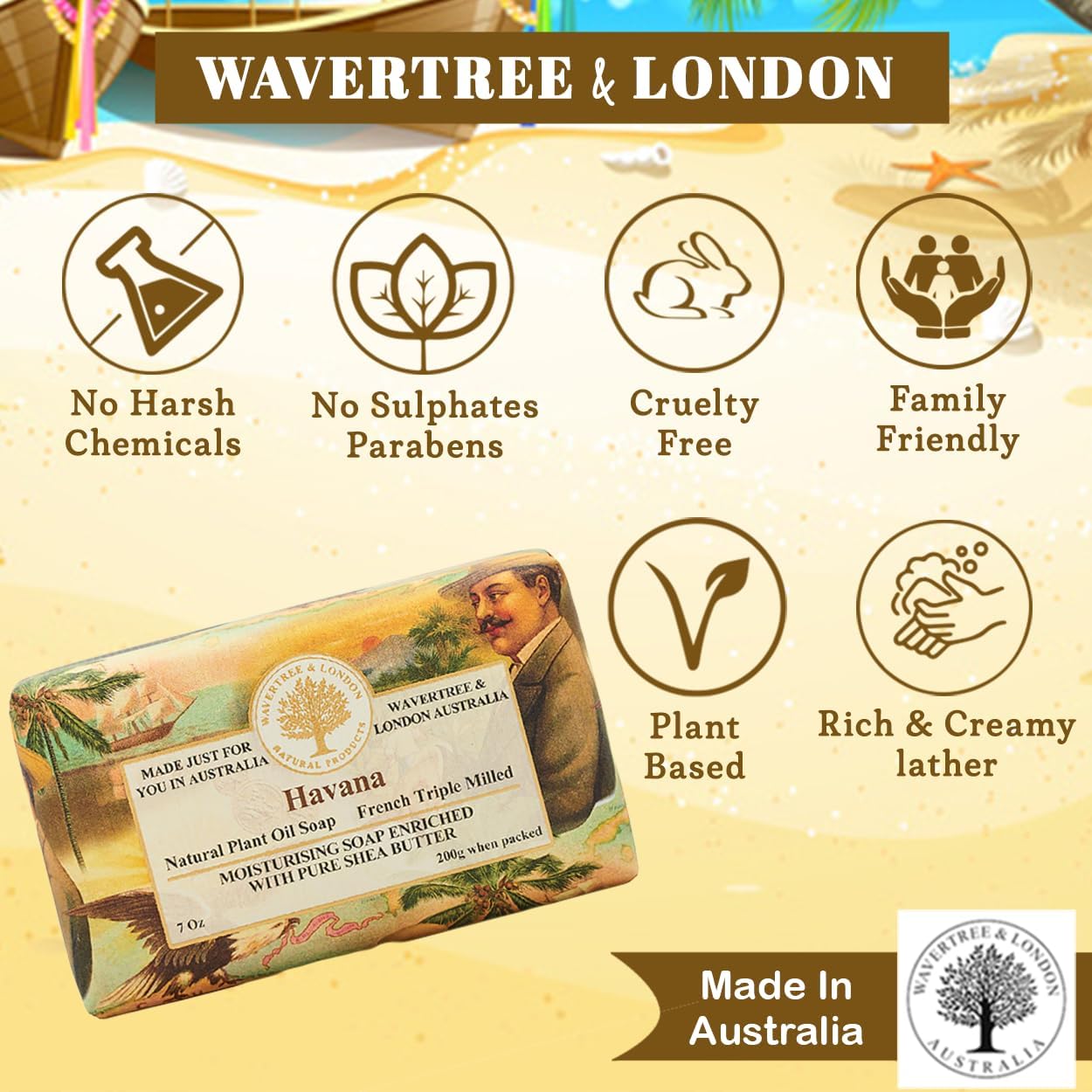 Wavertree & London Havana Scented Natural Soap Bar, 7oz Moisturizing French Triple Milled Soap Bar for Women & Men enriched with shea butter - Pure Bath & Body soap bar for All Skin Types