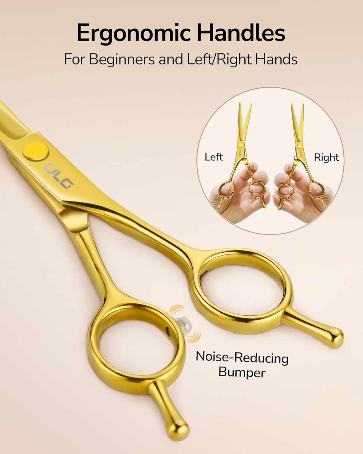 ULG Professional Hair Cutting Scissors Set – 6.5” Japanese Stainless Steel Barber Shears & Thinning Scissors with Comb, Clips & Case – At-Home Salon Haircut Kit Gold