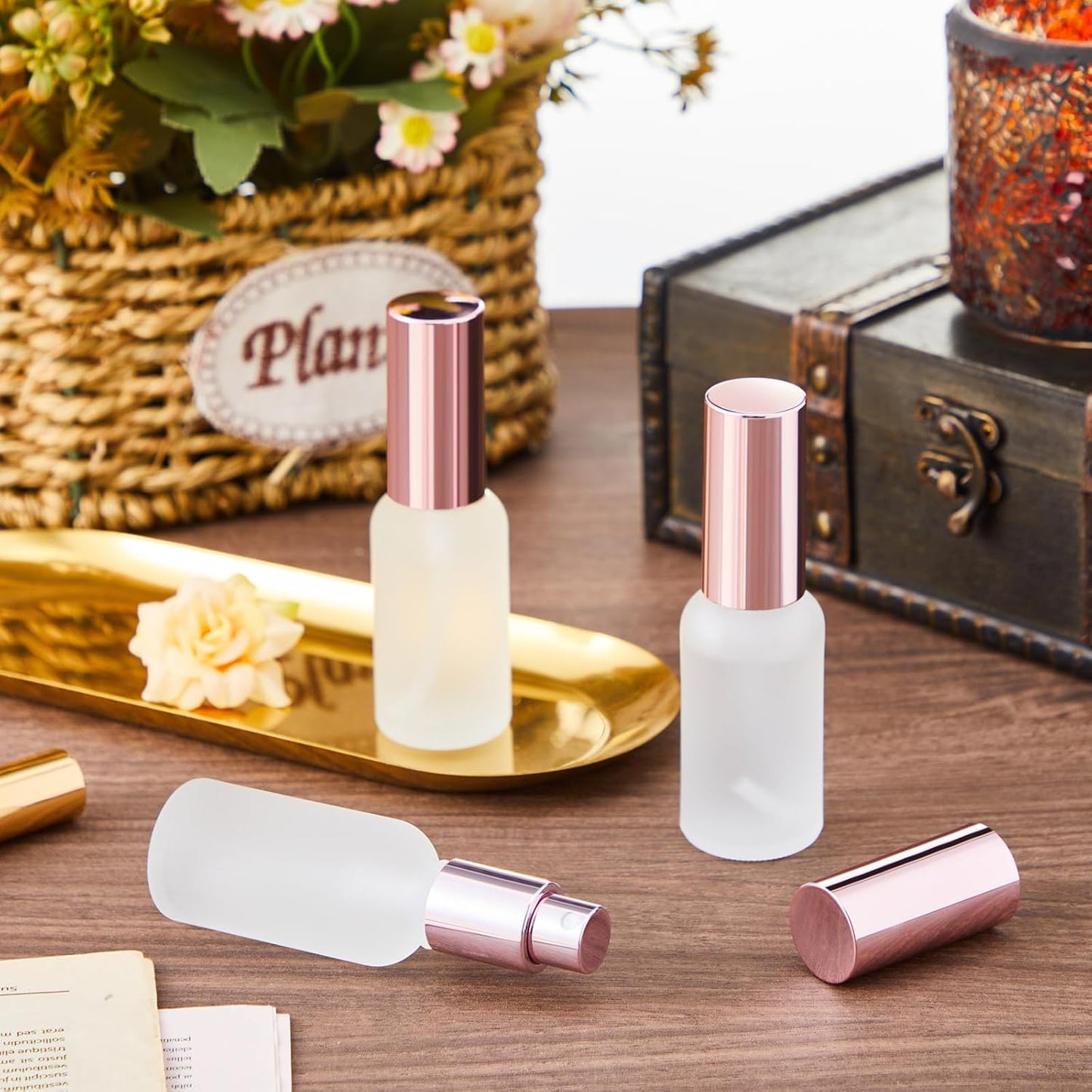 Roshtia 30 Pcs 1 oz/ 30 ml Rose Gold Glass Spray Bottle Refillable Perfume Atomizer Clear Decorative Empty Bottles with Fine Mist Sprayer Pump for Face Body Travel