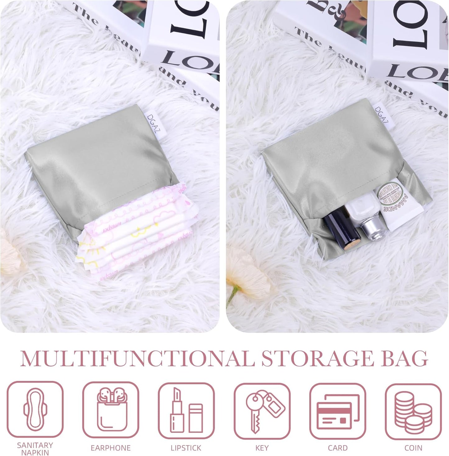 DGAZ Silk Sanitary Napkin Storage Bag, Period Bag for Teen Aged Girls, Portable Period Bag for Panty Liners/Menstrual Cup/Small Tampons，Mini Makeup Bag for Purse(Peral Grey)