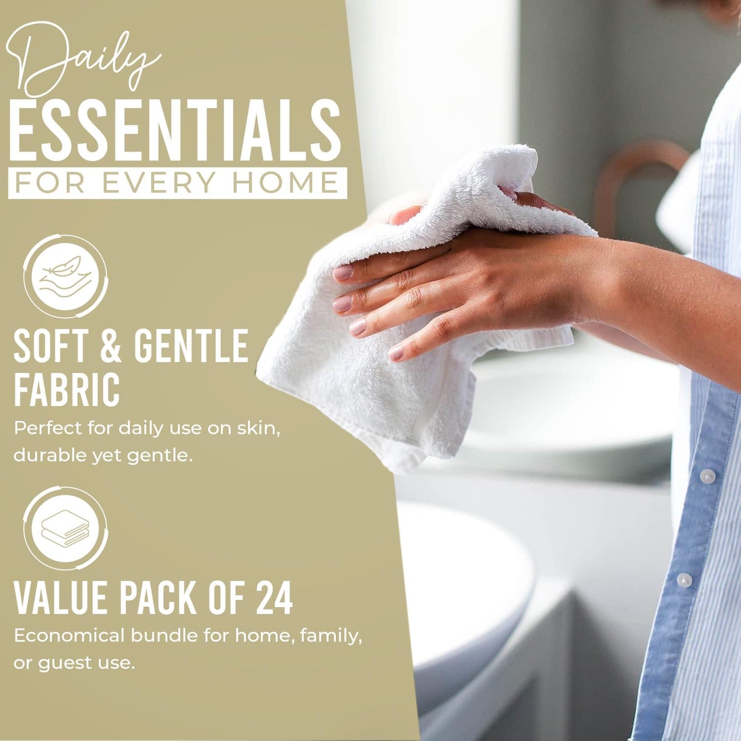 DAN RIVER 100% Cotton Wash Cloths 24 Pack [12x12] Soft & Absorbent face Towels for Bathroom, Gym, Hotels & Spa Perfect for Everyday Use Fingertip Towels, Ivory