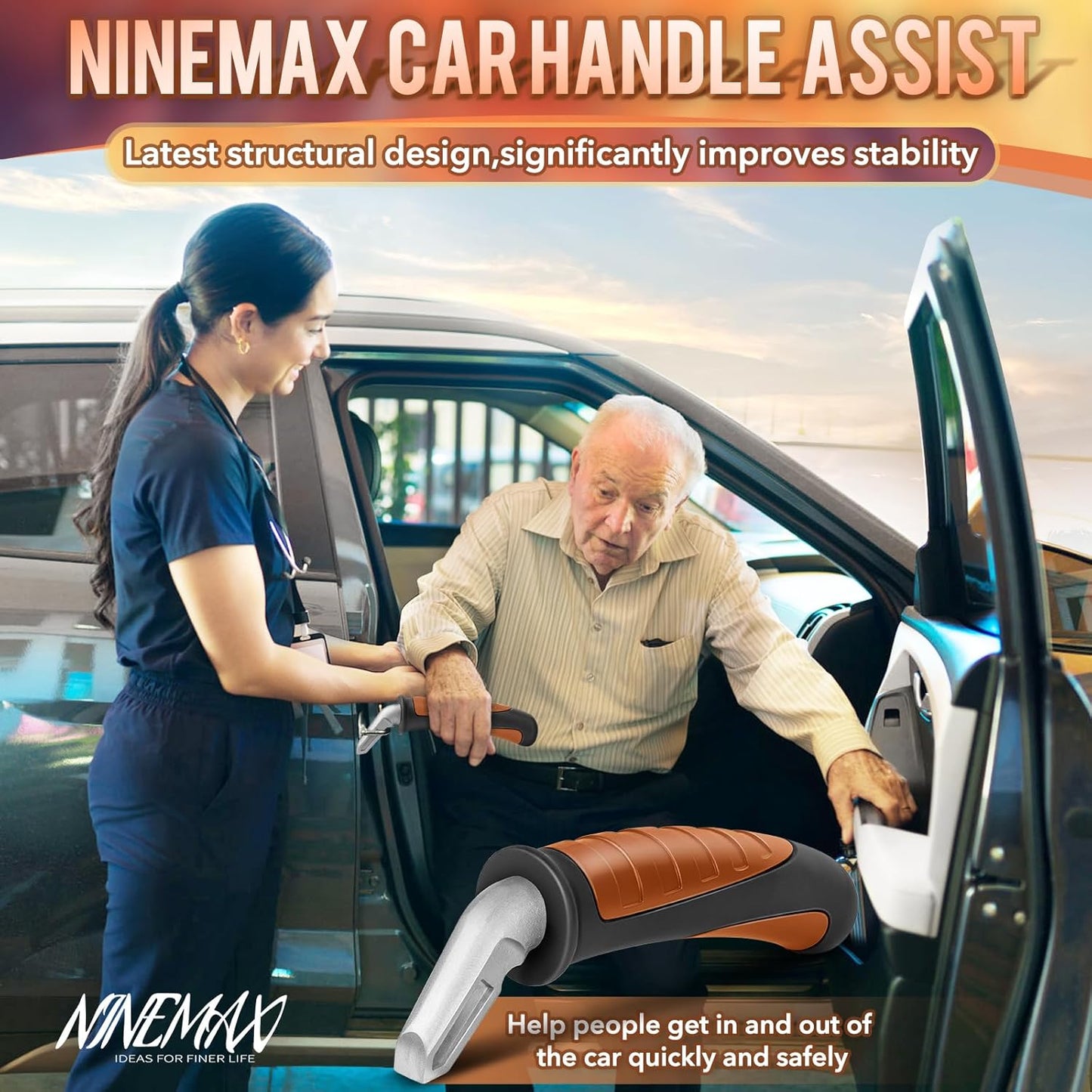 NINEMAX Car Door Handle for Elderly Car Handle Assist Support, Auto Grab Handles, Portable Car Door Cane for Seniors, Handicap (Black, Brown 1 pc)