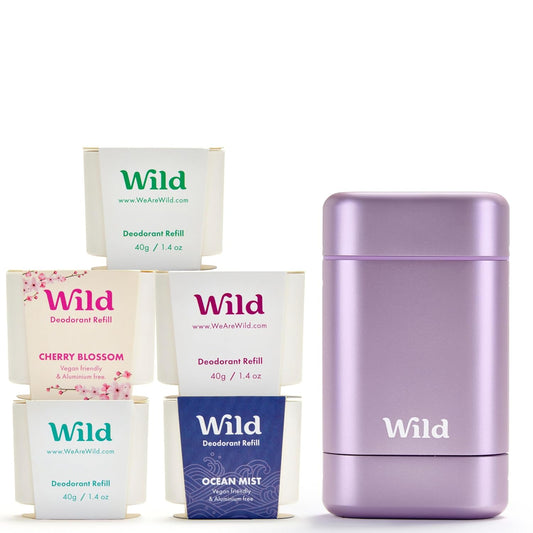 Wild - The Full Monty Starter Kit - Purple Case with Refills in a Variety of Fresh Scents 5 x 1.4oz - Refillable Deodorant & Aluminum Free - Long Lasting Protection - Vegan
