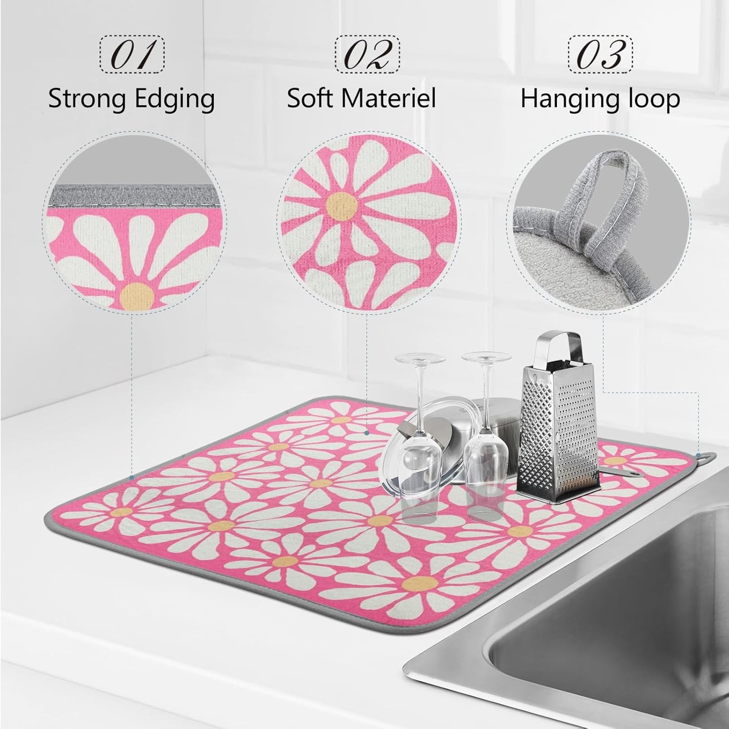 SHIYUE Dish Drying Mat for Kitchen Counter Super Absorbent Spring Kitchen Decor Microfiber Drying Matainers Rack Fast Pad Dish Drainer Mats(Pink Flower,18''x24'')