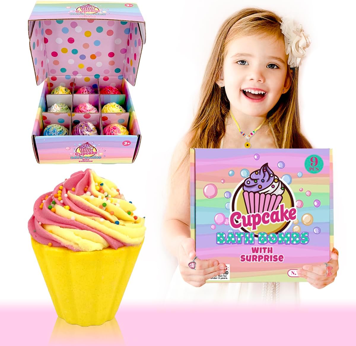 9 Pack Cupcake Bath Bombs for Kids with Surprise Inside, Kids Bath Bombs with Jewelry Inside for Kids Girls, Super Large Kids Bath Bombs for Children…