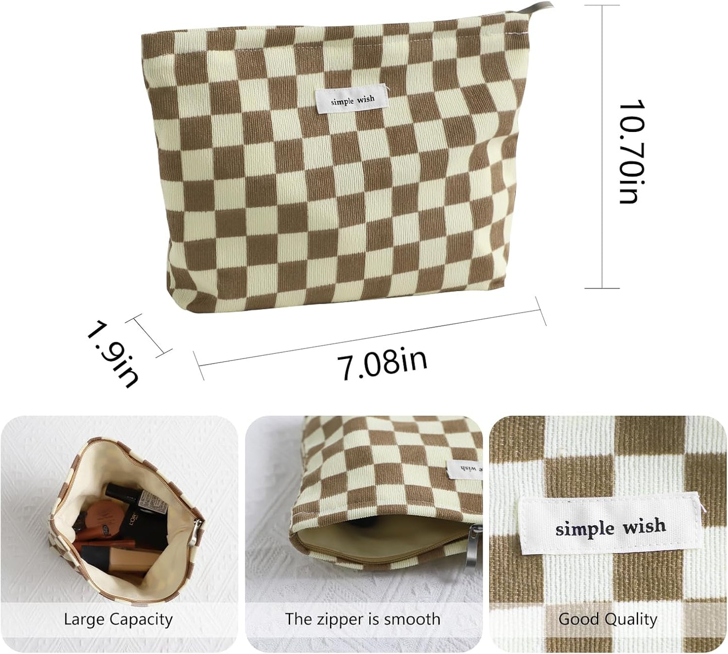 Wudygirl Checkered Makeup Bag Large Capacity Makeup Pouch Travel Cosmetic Pouch for Women Canvas Toiletry Bag Zipper Handbag Aesthetic (Khaki Checkered)