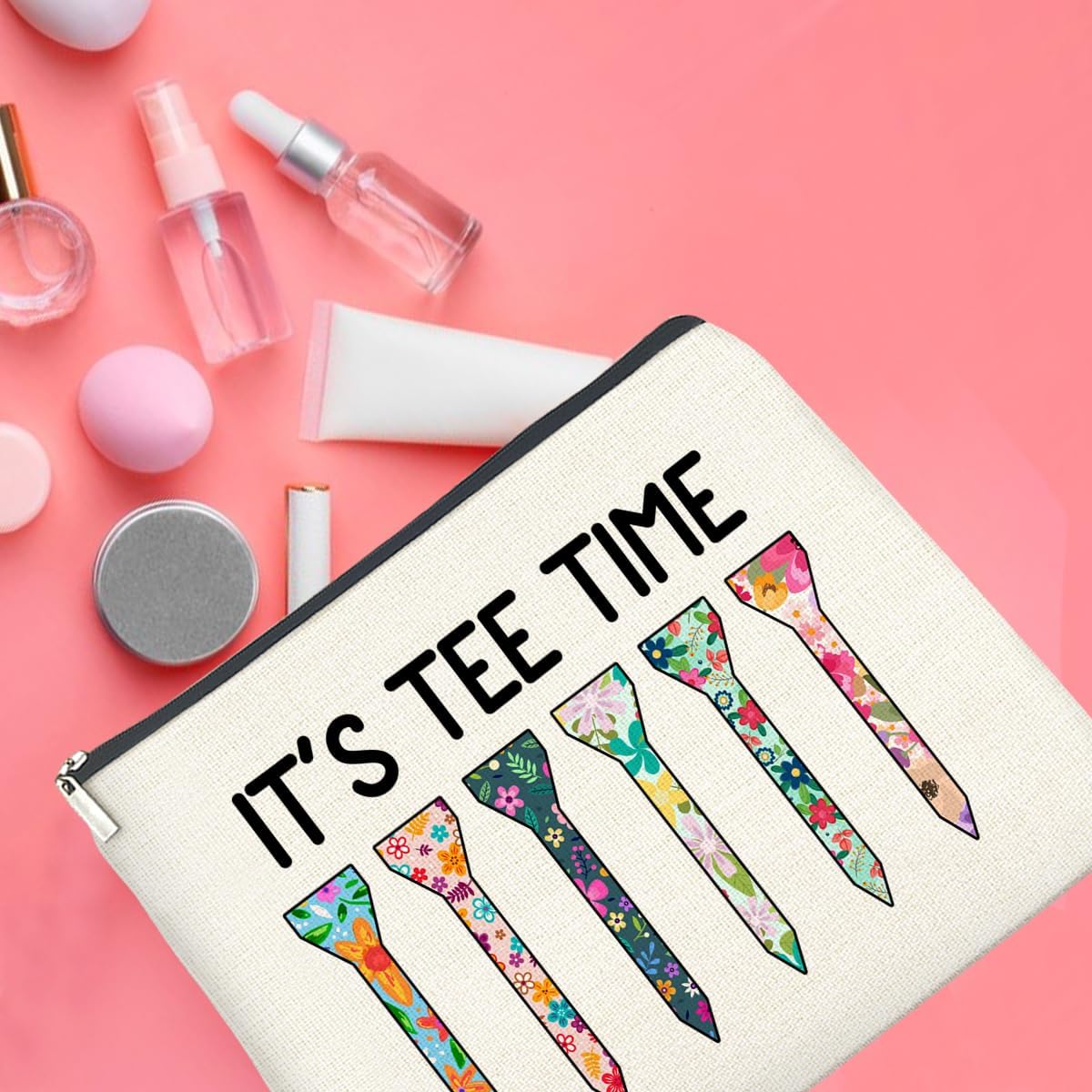 Golf Makeup Bag Gifts for Women Golfer Golf Lovers It's Tee Time Floral Cosmetic Bag Zipper Pouch