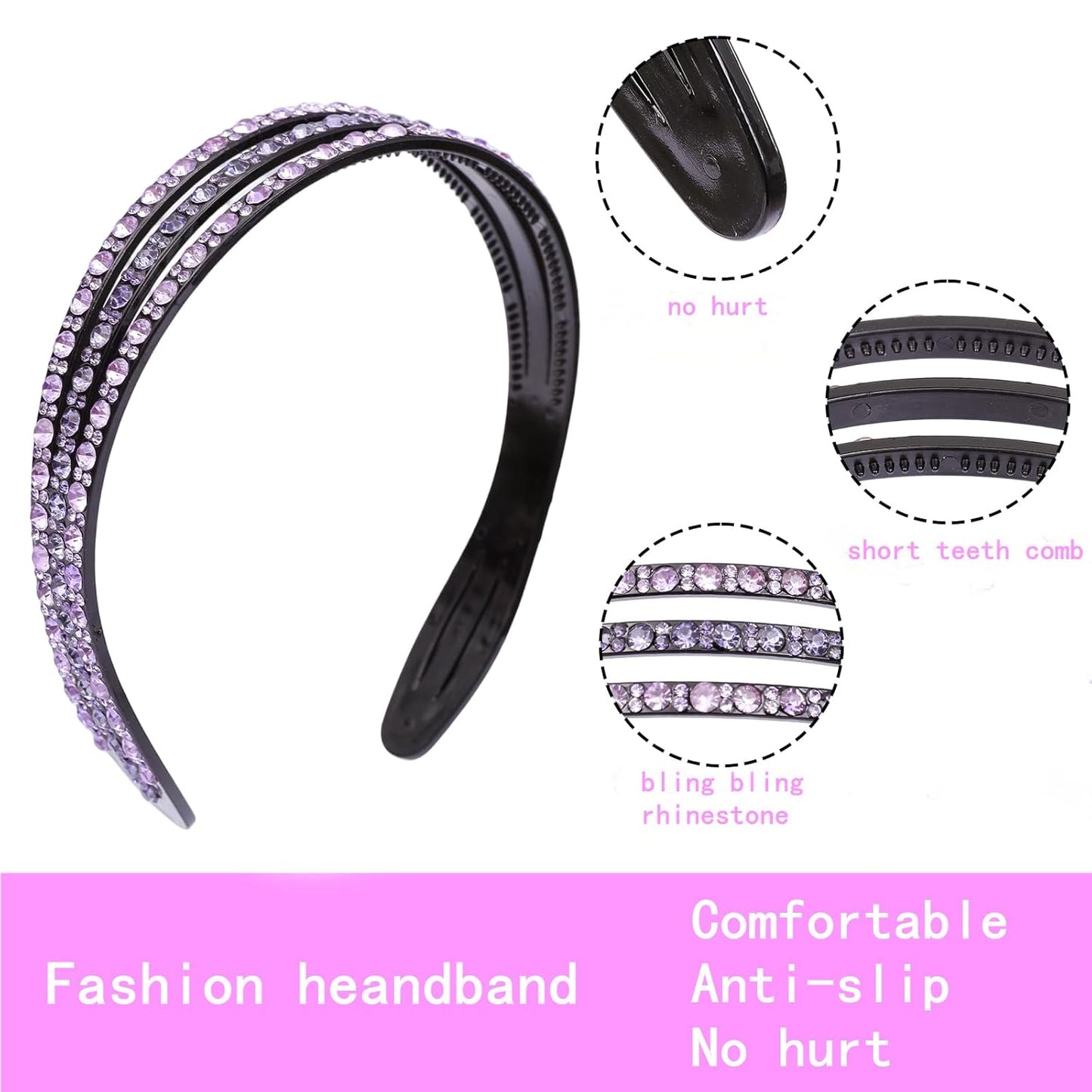 Rhinestone Headbands for Women Girls Sparkle Wide Headband with Teeth Fashion Non Slip Hairbands Comfort High Elastic Plastic Hair Hoop Bling Hair Accessories with 4PCS