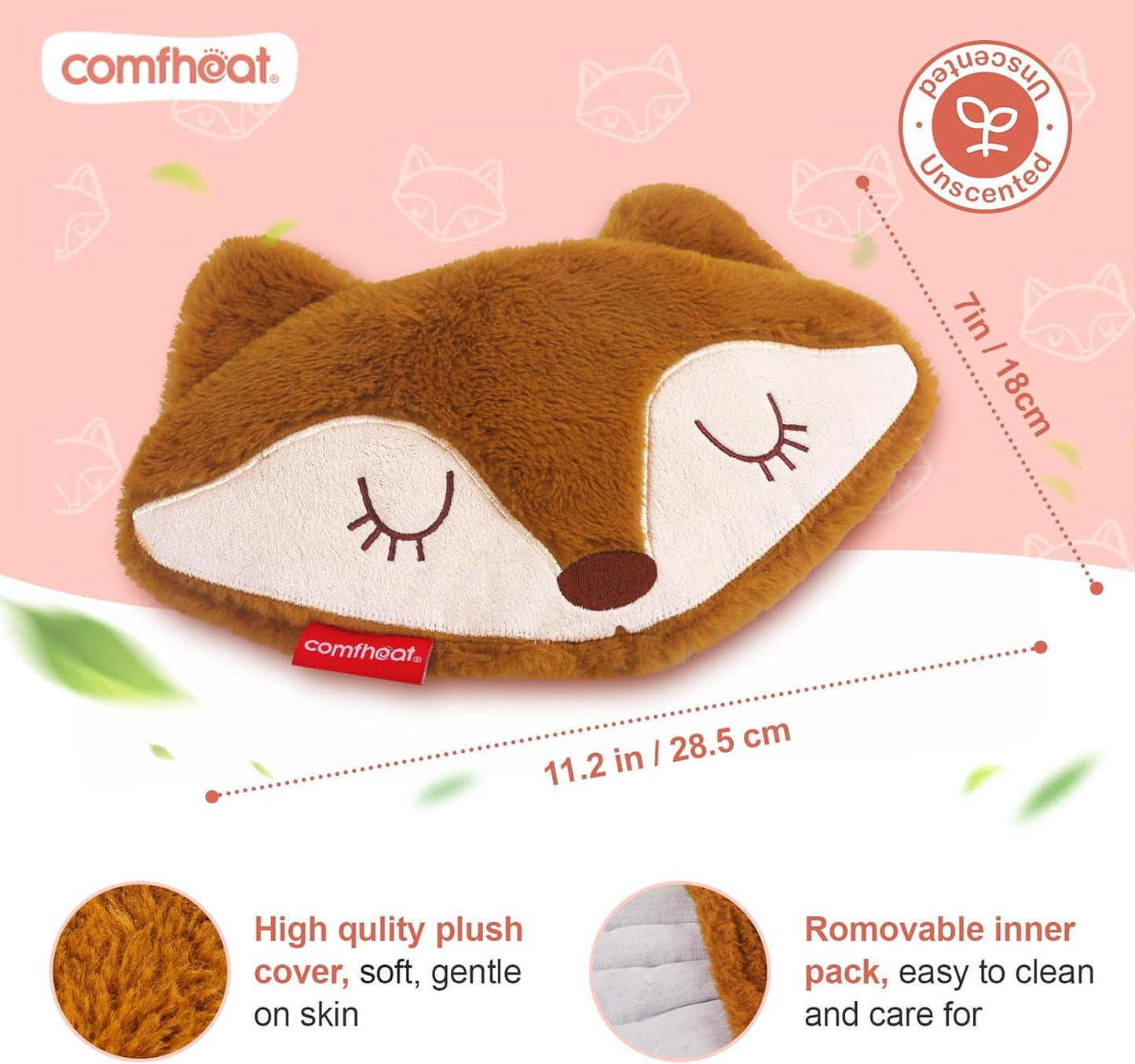 Fox Microwave Heating Pad for Pain Relief, Unscented Microwavable Heating Pads Stuffed Animal for Cramps, Neck Shoulder, Muscles, Natural Small Heat Pack Moist Heat with Washable Cover