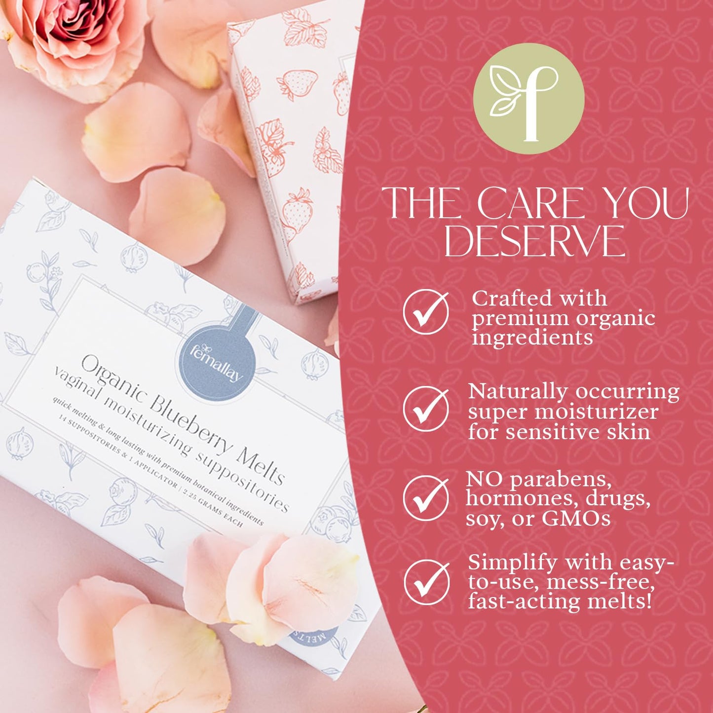 Femallay Organic Vaginal Moisturizing Suppositories – Blueberry – 100% Natural Relief for Dryness, Odor & Daily Feminine Discomfort – 14 Count + Applicator