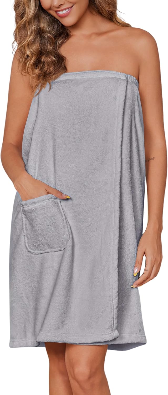 Ekouaer Women's Plush Towel Wrap Soft Lightweight Shower Wrap Absorbent Spa Body Wrap Bath Robe with Velcro S-L