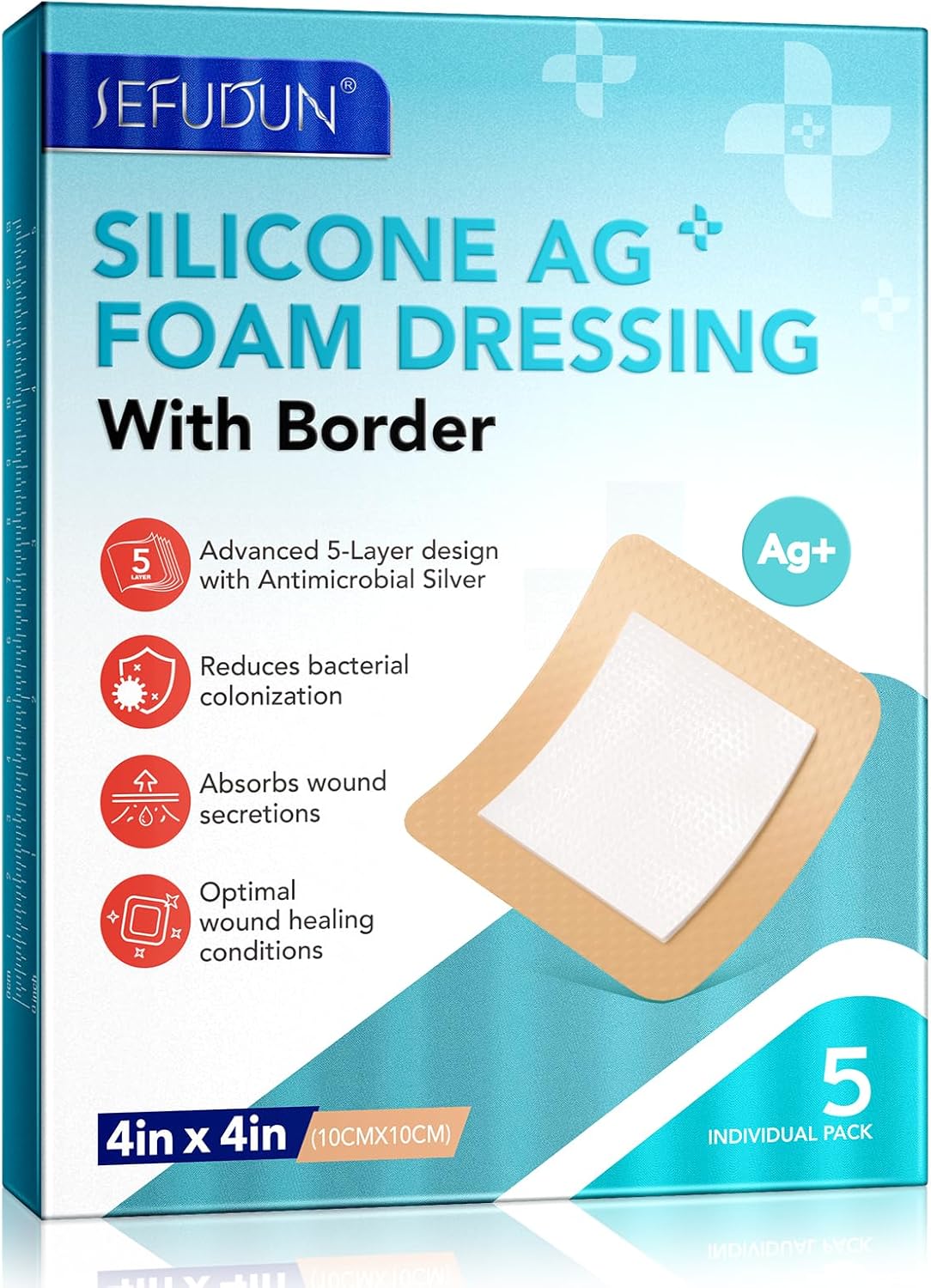Silicone Foam Dressing Ag Sterile Wound Bandage with Waterproof Gentle Silicone Adhesive Border (5 Packs), 4"x 4" Breathable Ultra Absorbent Pads (4x4 Inch (Pack of 5))