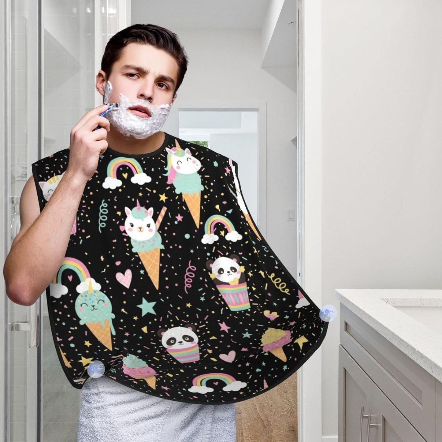 Beard Trimming Hair Catcher, Ice Cream Animals Cat Panda Unicorns Colorful Polka Dots Black Shave Bib, Non-Stick Bib Apron Waterproof, Shaving Tool for Men for Husband Father’s Day
