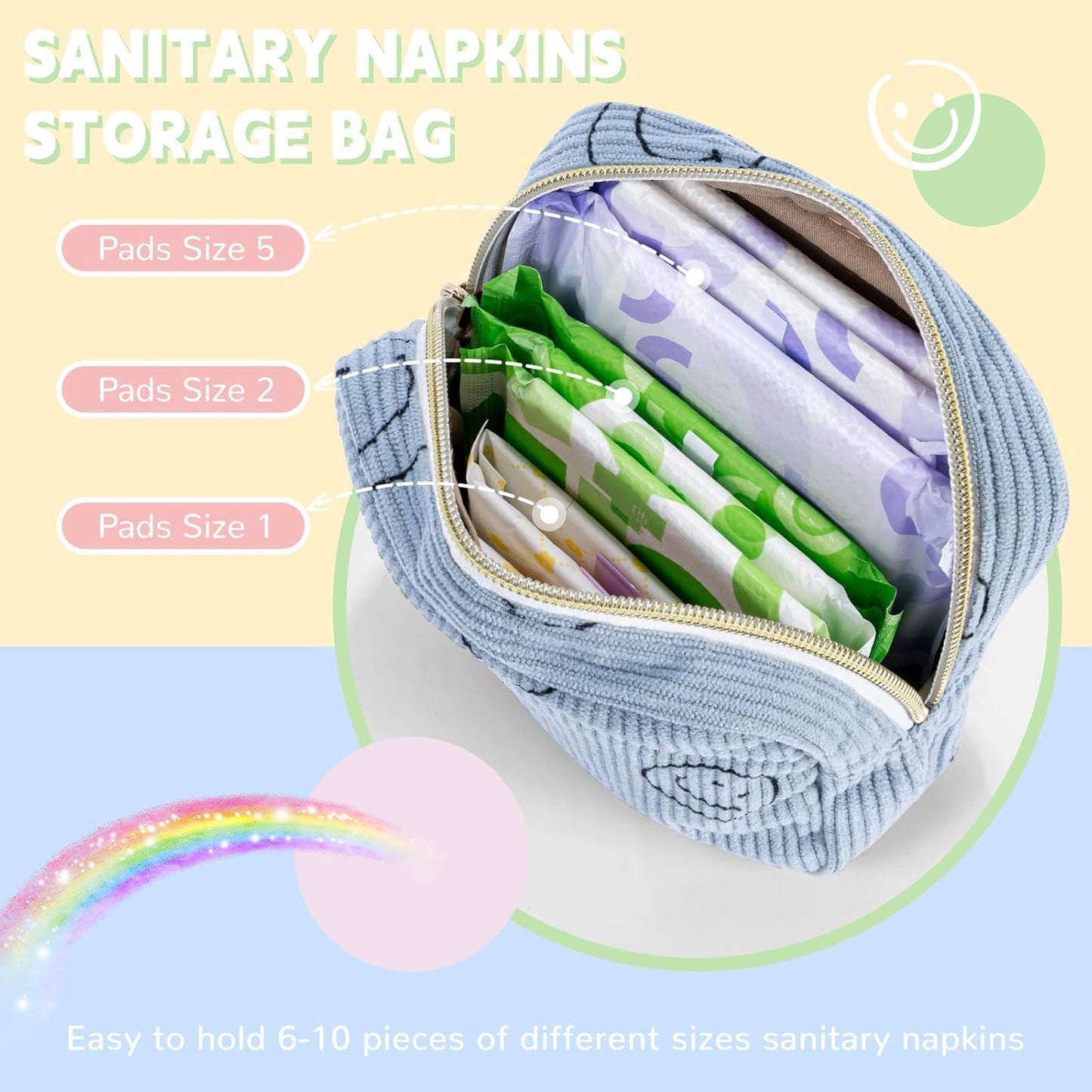 Period Bag for Teen Girls Shark Week Pouch Corduroy Portable Sanitary Pad Bags for Period Teen Period Pads Pouch for Panty Liners, Tampons, Menstrual Cup - Beige