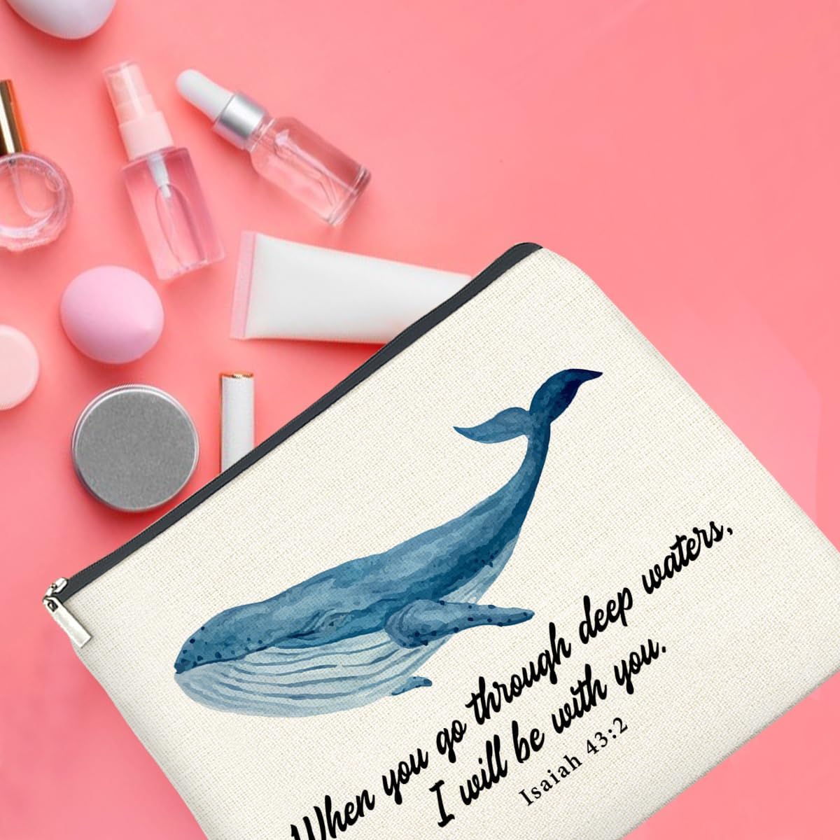 Christian Whale Shark Makeup Bag Gifts for Women Bible Verse Isaiah 43:2 When You Go Through Deep Waters I Will Be With You Cosmetic Bag Zipper Pouch