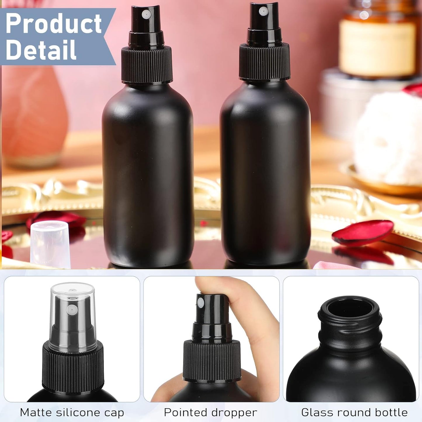 Nuogo 50 Pieces Mini Glass Spray Bottles Bulk 4 Oz Fine Mist Glass Bottles with Funnel Dropper and Cleaning Brush Refillable for Essential Oils, Perfumes and Aromatherapy(Black)