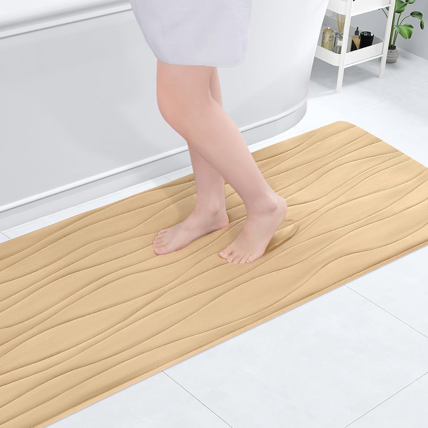 Buganda Memory Foam Bathroom Rug Mat 47x17, Extra Soft and Absorbent Bath Mats, Non-Slip and Machine Washable Bath Rugs for Bathroom Floor,Tub and Shower, Beige