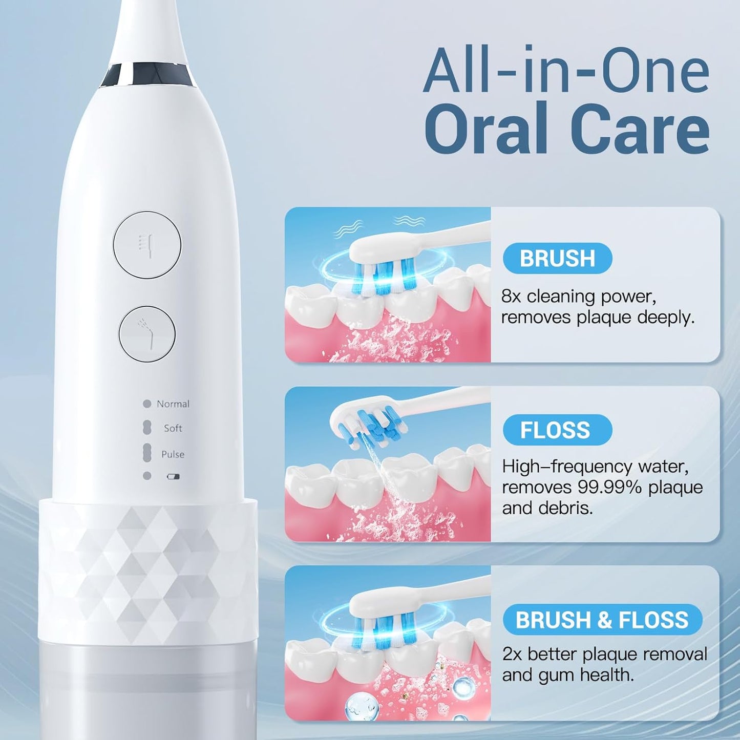 Marchpower Innovative 2-in-1 Electric Toothbrush with Water Flosser – Ultrasonic Cleaning, Compact Travel Design, 3+3 Modes, IPX7 Waterproof, USB-C Rechargeable, with 3 Dupont Brush Heads & 1 Jet Tip