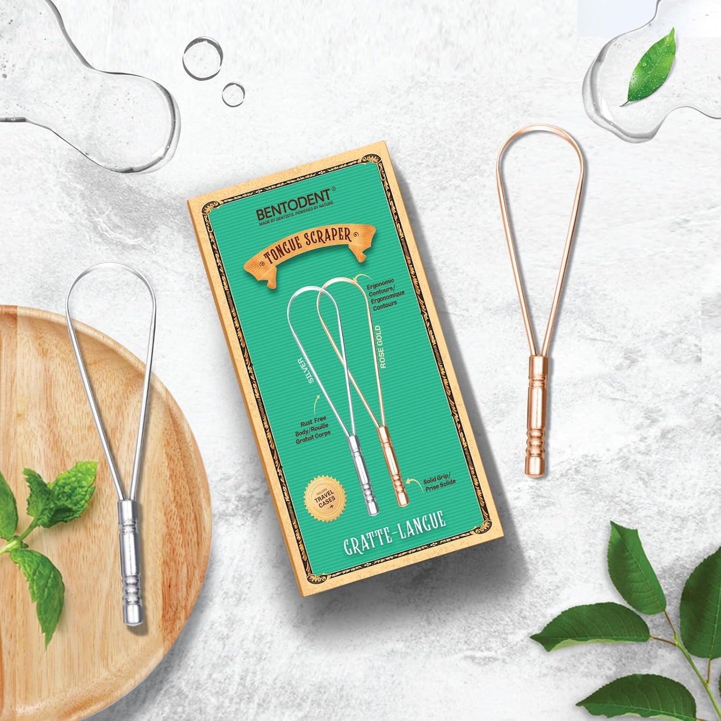 BENTODENT Tongue Scraper for Adults & Kids, Silver & Rose Gold, 100% Stainless Steel tongue scraper, Rust-Free metal, 2-Pack with Travel Case, Reduce Bad Breath, Tongue Scrubber, Tongue Cleaner